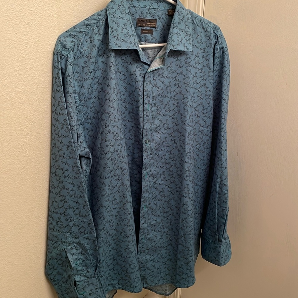 Black Label by Ruffini slimFit Italian Dress Shirt L Blue Floral neck 16-16.5